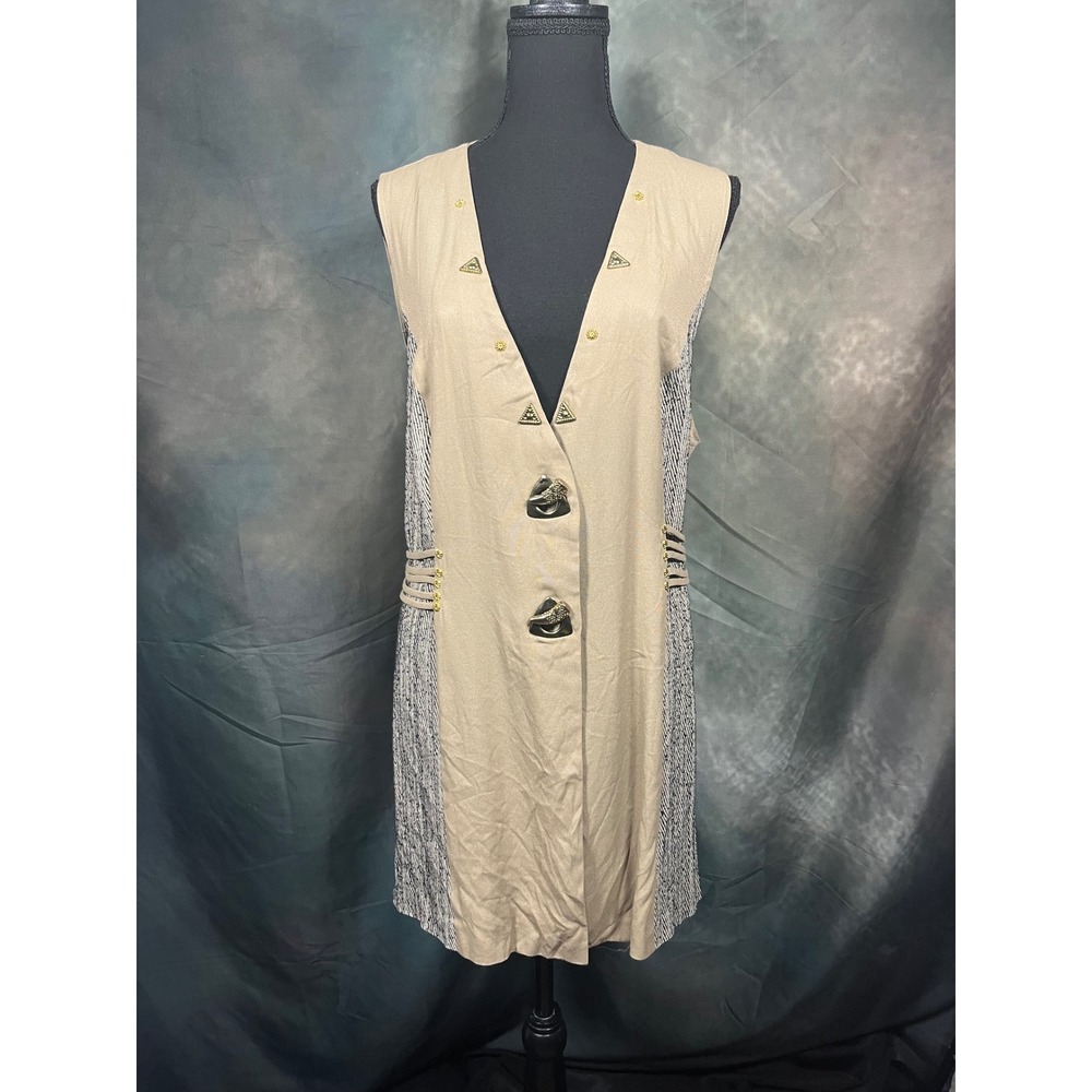 Vintage 90s Mixed Media Longline XL Vest Tan Black Corset Back Ornate Toggles